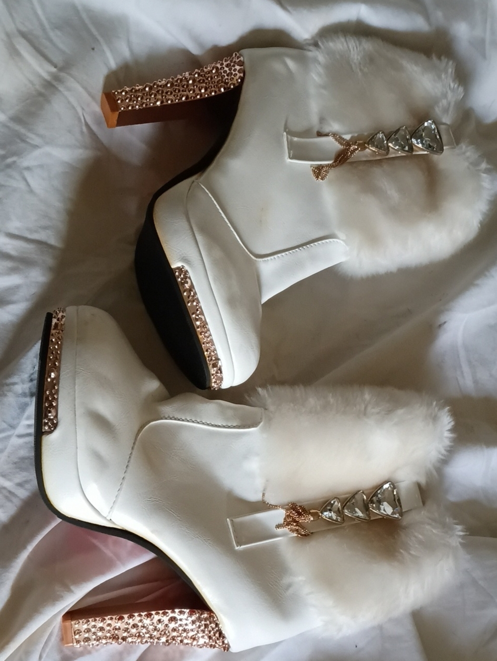 White Faux Fur Platform Ankle Boots with Crystal Accents